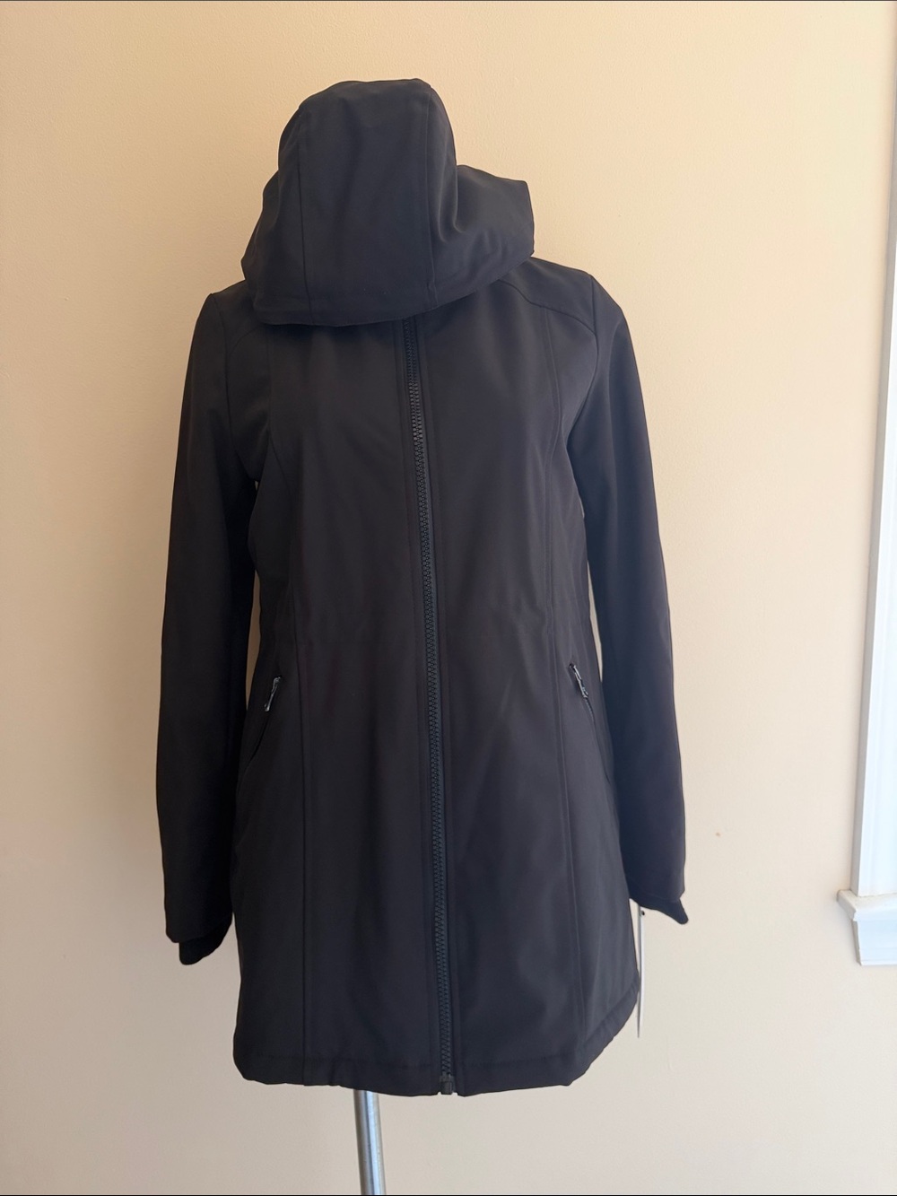 Calvin Klein Women's Black Hooded Mid-Length Anorak Raincoat